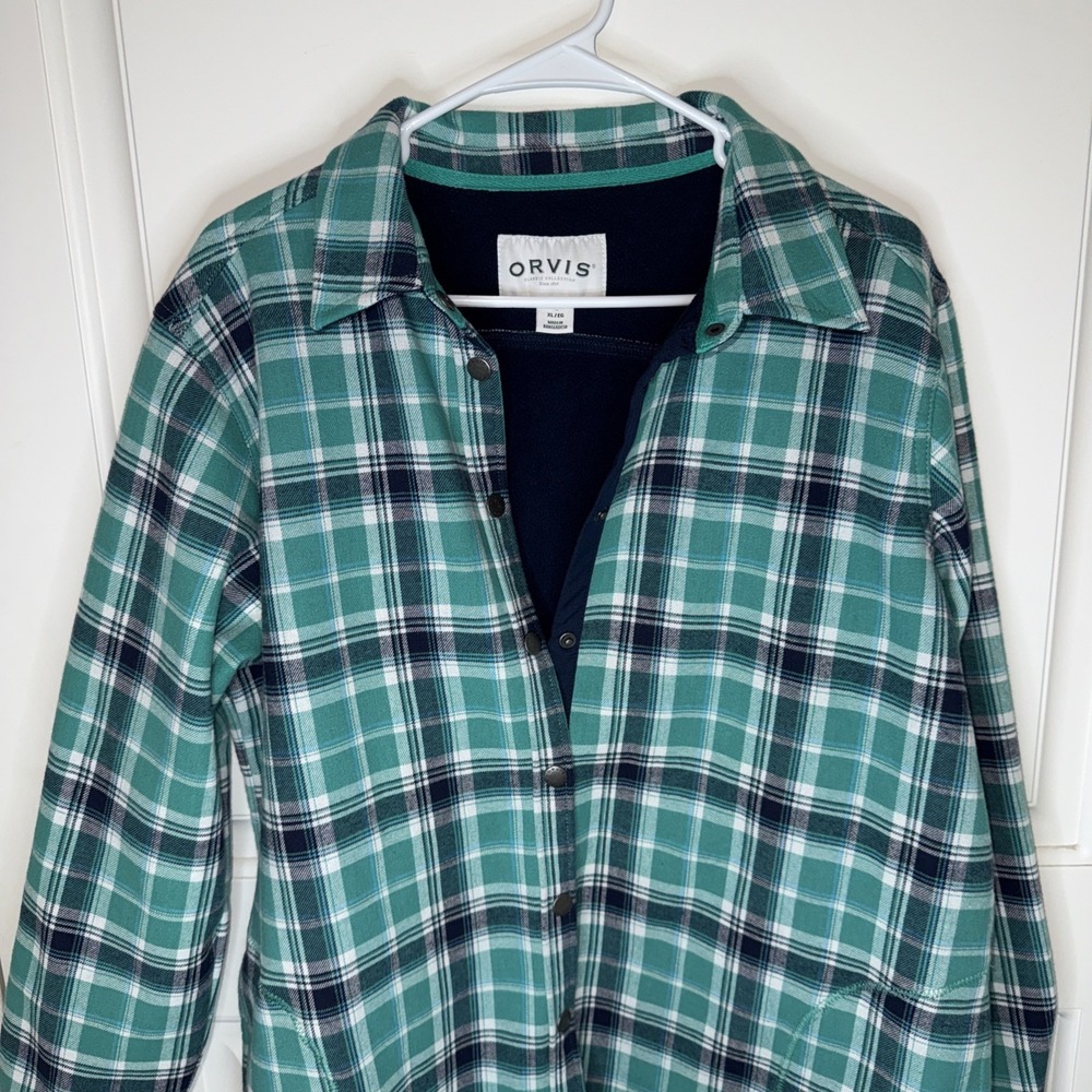 Orvis Shirt Jacket Women's XLarge XL Green Blue Snap Button Fleece Lined Flannel